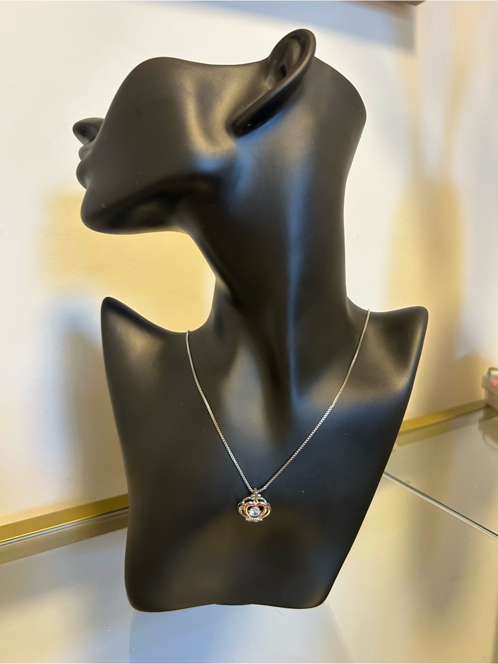Silver & Rose Gold Tone Heart Pendant Necklace with Dancing Crystal Accent